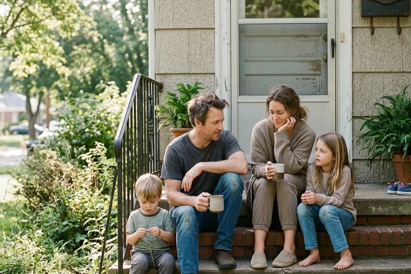 A family on the front steps of their home